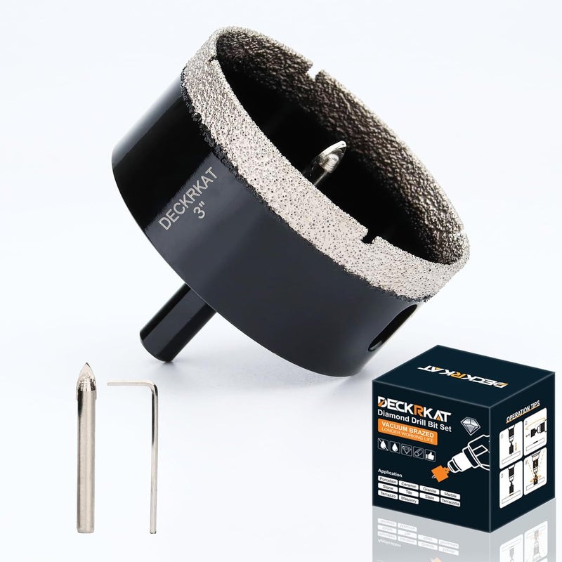 DECKRKAT 3 inch Diamond Hole-Saw Bits with Pilot Drill Bit -3" Diamond Tipped Tile Hole Saws with Guiding Bit Accurate Drilling for Porcelain Tile Ceramic Pottery Granite Stone Glass Bottles 75mm - Image 1